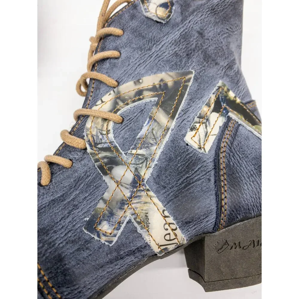 TMA EYES Distressed Boho Newsprint Layered Leather Heeled Ankle Boots 7 Women's